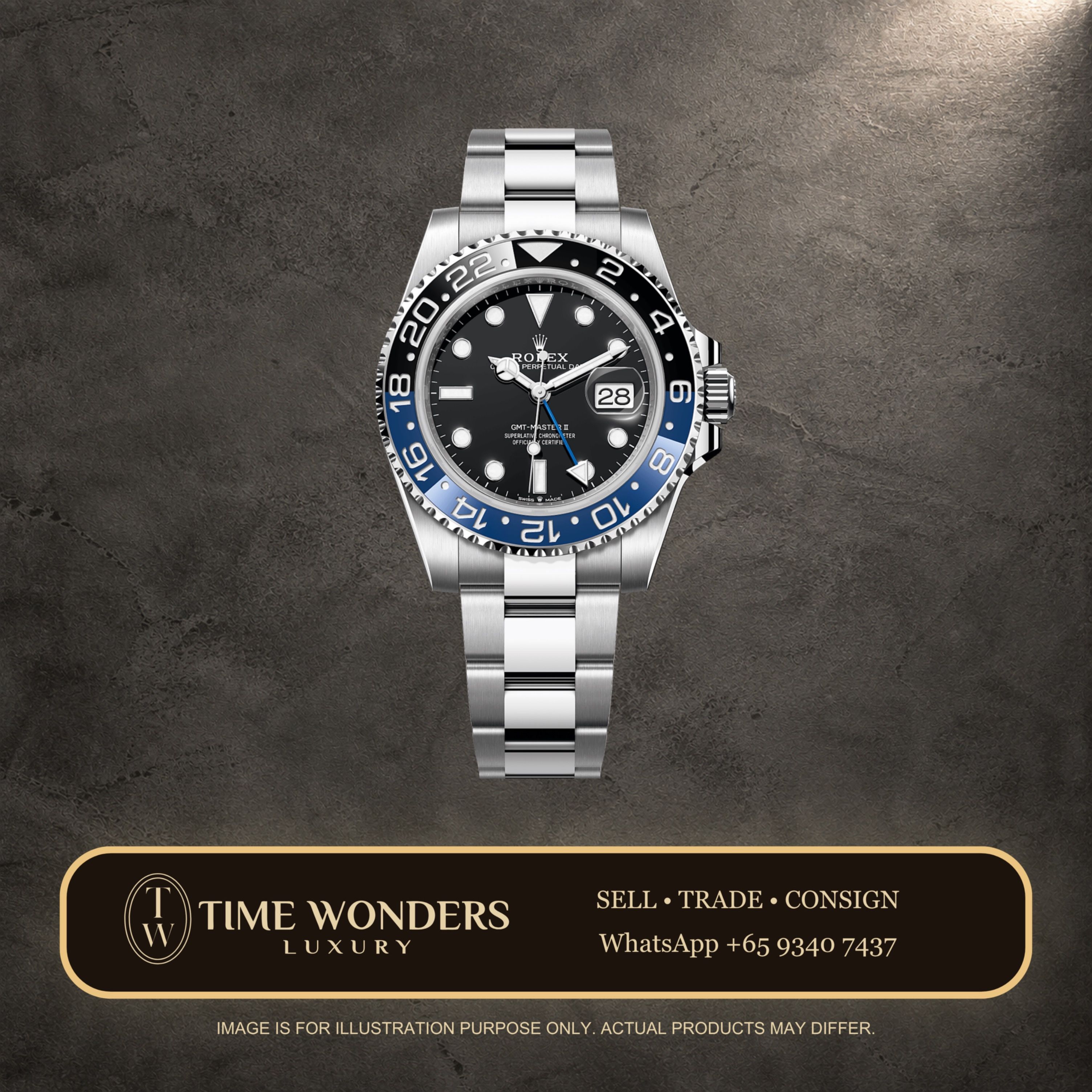 New May 2026 Rolex GMT-Master II Batman Oyster 126710BLNR 126710 (Category: Watches) located in Singapore. Submitted by timewondersluxury (Listing ID 1457421122, Image 1). Description: Brand: Rolex Model: 126710BLNR Condition: New Dial: Black Case Diameter: 40mm Movement : Automatic Material: Stainless Steel Bracelet: Stainless Steel Original Box: Yes Original Cert/Papers: Yes Dated: May 2026 Warranty: AGENT INTERNATIONAL WARRANTY ENDING MAY 2031