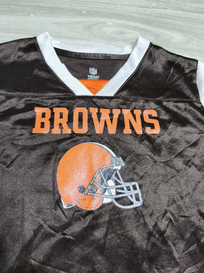 NFL Cleveland Browns jersey tops (Category: Activewear) located in Paranaque City. Submitted by pickersform (Listing ID 1469037819, Image 2). Description: - NFL Cleveland Browns Jersey tops - Size:XL youth fits Small-medium her dimes 17x25 -Design: Glittered lettering and helmet logo - Condition: Great team piece for young fans.