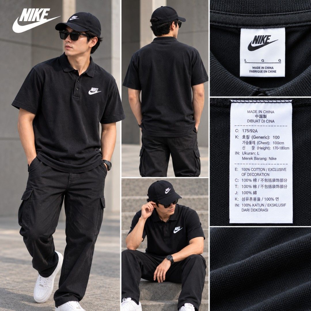 Nike Black Polo Shirt Size L (Category: Tshirts & Polo Shirts ) located in Santa Rosa. Submitted by big.hanger.apparel (Listing ID 1469081302, Image 1). Description: Brand: Nike Gender: Unisex Tag Size: L Actual Measurement: 28" Length × 20" Width Fit: Regular Fit / can fit Medium to Large depending on preferred fit Condition: Very Good — 8/10 Color: Black / Dark Charcoal Design: Classic Nike Swoosh Logo Polo Shirt with collared neckline Material