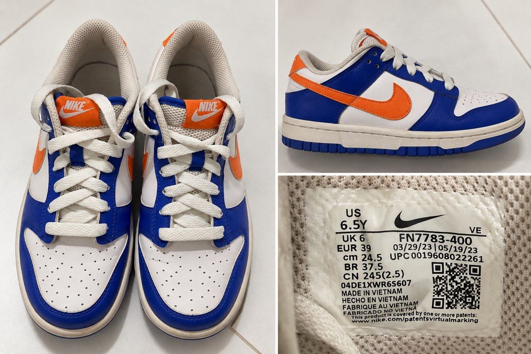 Nike Dunk Low (GS) "Knicks" (Category: Sneakers) located in Quezon City. Submitted by mc1394 (Listing ID 1469076528, Image 1). Description: - Brand: Nike Dunk Low - Colorway: Blue, White, and Orange - Size: Youth US 6.5Y / UK 6 / EUR 39 - Fits US 7.5w - no box - used less than 10 times RFS: Decluttering. Not using anymore.
