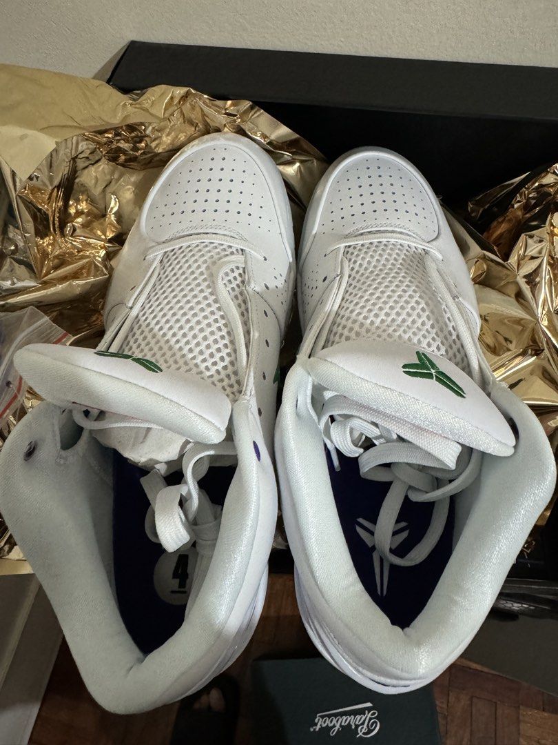 Nike Kobe 4 Protro Draft Day - Bucks size 10.5 BNEW (Category: Sneakers) located in Pasig City. Submitted by jzm24 (Listing ID 1468983275, Image 2). Description: - Brand: Nike Kobe - Colorway: White and Green - Condition: Brand new, unworn, fresh out of the box with original wrapping paper - Details: Breathable mesh tongues, clean white outsoles with carbon fiber midfoot shanks - Accents: Kobe signature stamped on the lateral heel - Insoles: Cust