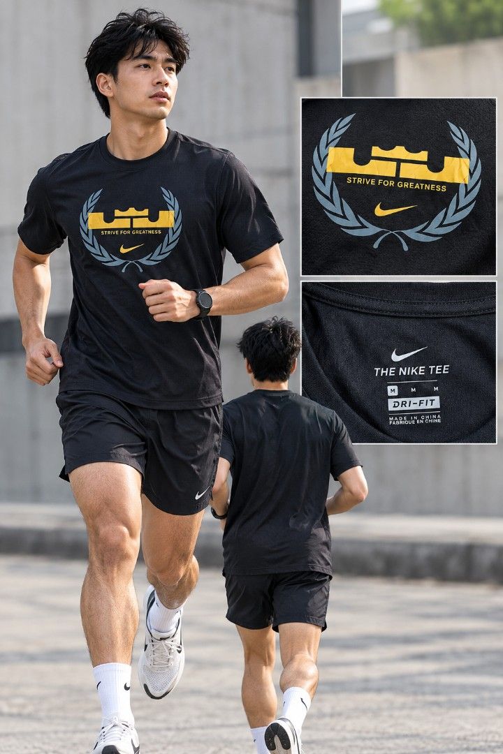 Nike LeBron Strive For Greatness Dri-Fit Tee (Category: Activewear) located in Santa Rosa. Submitted by big.hanger.apparel (Listing ID 1469076531, Image 1). Description: NIKE — THE NIKE TEE • Brand: Nike • Gender: Male • Size: Medium • Fit: Dri-FIT Athletic Fit • Condition: Very Good— 8/10 • Description: Black Nike Dri-FIT T-shirt featuring a bold “LeBron James” inspired crown graphic with laurel wreath detailing and “STRIVE FOR GREATNESS” text o