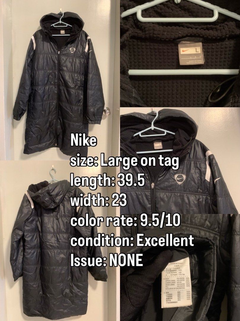 Nike Long Puffer Jacket Size Large Black (Category: Coats, Jackets and Outerwear) located in Manila. Submitted by paulbrayan37775 (Listing ID 1469102138, Image 1). Description: - Brand/Model: Nike Long Jacket - Color: Black - Size: Large (Length: 39.5", Width: 23") - Material: Polyester (Outer and Fill) - Origin: Made in China - Features: Hood with textured interior lining, zip closure - Condition: Excellent, zero issues found.