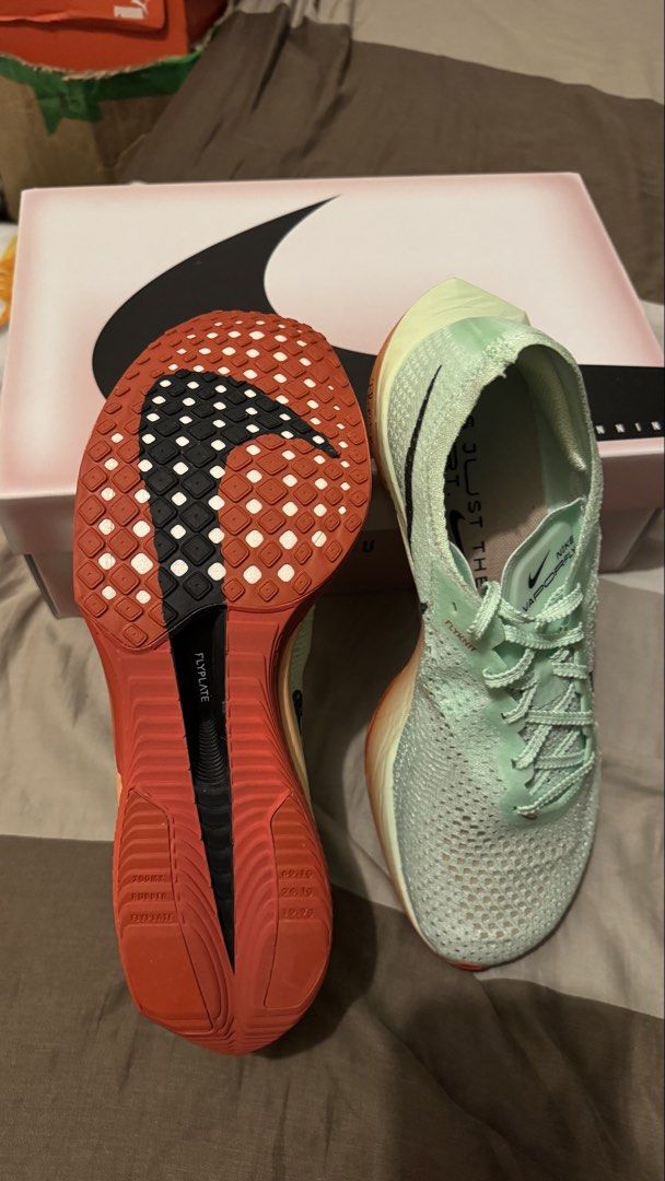Nike ZoomX Vaporfly Next% 3 Flyknit (Category: Sneakers) located in Manila. Submitted by kimlj (Listing ID 1468990257, Image 3). Description: Nike ZoomX Vaporfly Next% 3 Flyknit running shoes. Colorway: Kipchoge Men size 10, women size 11.5. ZoomX foam midsole with Flyplate carbon fiber plate. Includes original box with matching size label..