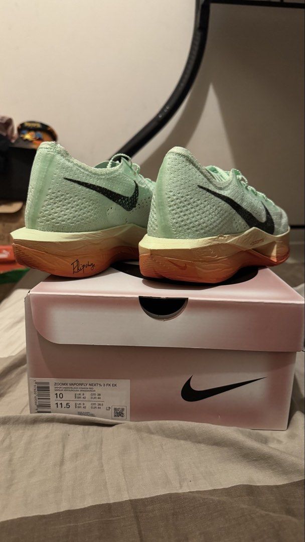 Nike ZoomX Vaporfly Next% 3 Flyknit (Category: Sneakers) located in Manila. Submitted by kimlj (Listing ID 1468990257, Image 1). Description: Nike ZoomX Vaporfly Next% 3 Flyknit running shoes. Colorway: Kipchoge Men size 10, women size 11.5. ZoomX foam midsole with Flyplate carbon fiber plate. Includes original box with matching size label..