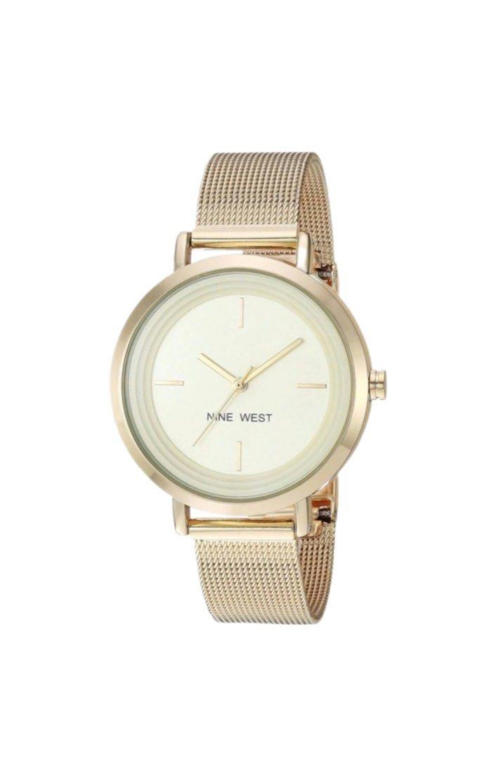 Nine West Women's Mesh Bracelet Watch Gold (34mm) (Category: Women's Watches) located in Quezon City. Submitted by mackoyusgoods (Listing ID 1467682210, Image 1). Description: Lightweight mesh design stays comfortable all day. Elegant rose gold tone complements any outfit. Scratch-resistant mineral crystal keeps face protected Mineral crystal lens; light gold-tone dial with matching hands and markers Gold-tone stainless steel mesh bracelet with a