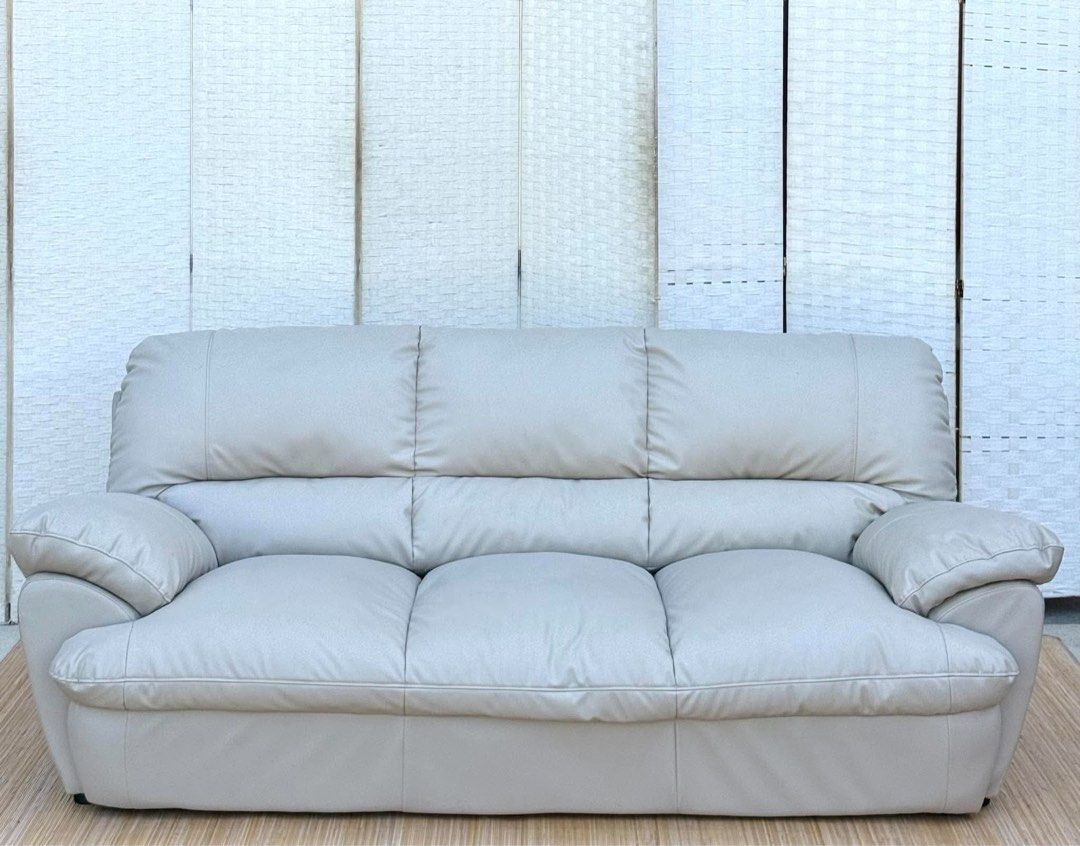 NITORI Leather White Sofa (Category: Sofas) located in Manila. Submitted by elliefurnies31 (Listing ID 1469129172, Image 1). Description: JAPAN SURPLUS 3 SEATER NITORI LEATHER SOFA IN GOOD CONDITION SIZE: 16.5H x 75L x 34W inches.