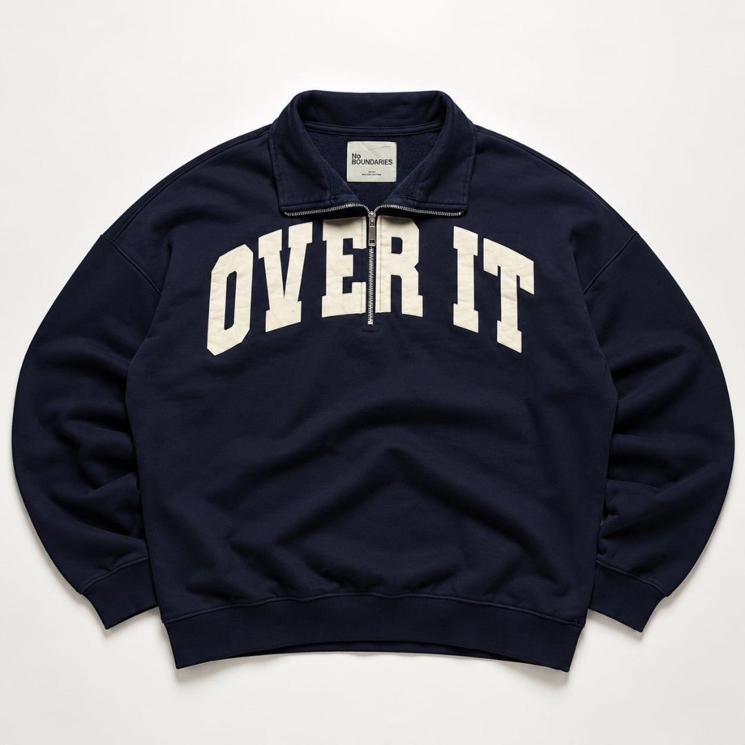 No Boundaries “OVER IT” half-zip sweatshirt (Category: Coats, Jackets and Outerwear) located in San Pablo. Submitted by refitsph (Listing ID 1468932097, Image 1). Description: - Width: 29 - Length: 29 - Legit / Authentic - Flawless - Already Washed and Ready to Wear.