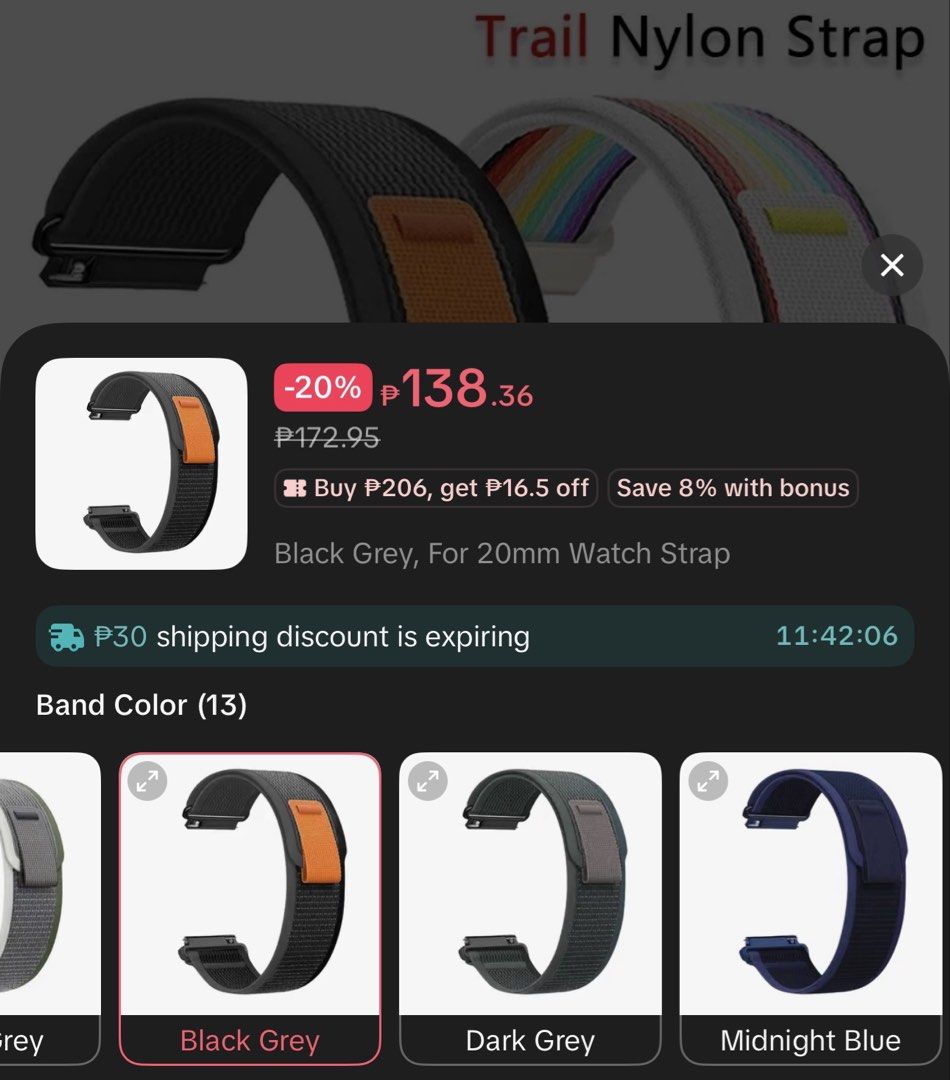 Nylon Garmin watch strap 20mm (Category: Other Accessories) located in Manila. Submitted by reesee_ (Listing ID 1468962546, Image 3). Description: -used it only once -RFS: Didn't like the color -bought on tiktok shop for 138. I'm selling it for 100 pesos only -Shipping thru your courier of choice. Buyer's expense. -MOP: Gcash or Maribank.