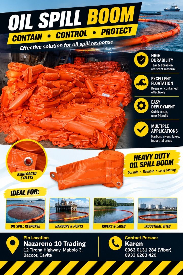 Oil Spill Boom (Category: Looking For) located in Bacoor. Submitted by kajezame.2021 (Listing ID 1468998023, Image 1). Description: Oil Spill Boom Customized Spill Boom For More Details and Discount Contact Ms. Karen NAZARENO 10 TRADING 0963 0131 284 0933 6283 420 0956 7028 557 0933 8559 510 Landline: Look for Ms. Karen (046 ) 416 3920 Also available: • Traffic cone • Parking Block stopper • Hooded trash bin • Road Plastic Barrier • Spill boom • 