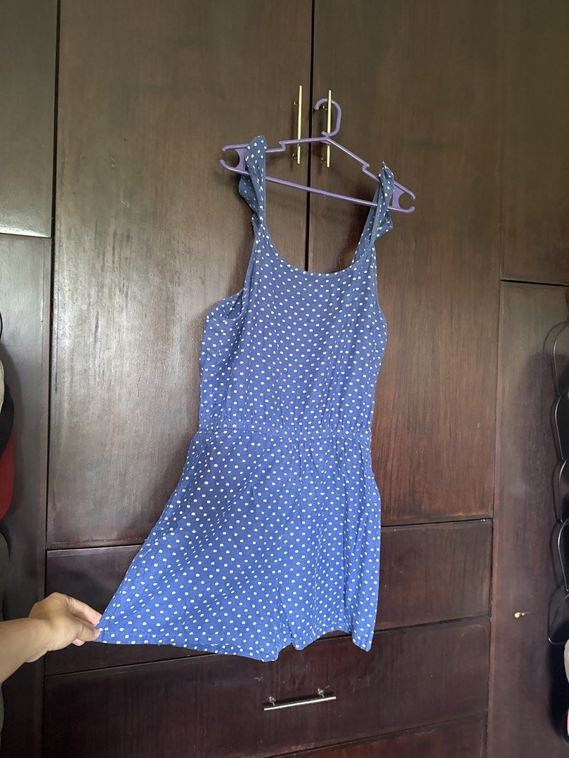 Old Navy Blue Polka Dot Romper XXL (Category: Rompers) located in Santo Tomas. Submitted by toughu (Listing ID 1468961674, Image 1). Description: - Blue romper with white polka dots - Cute ruffles on shoulder straps - Comfortable gathered elastic waist - Easy slip-on style for warm weather.