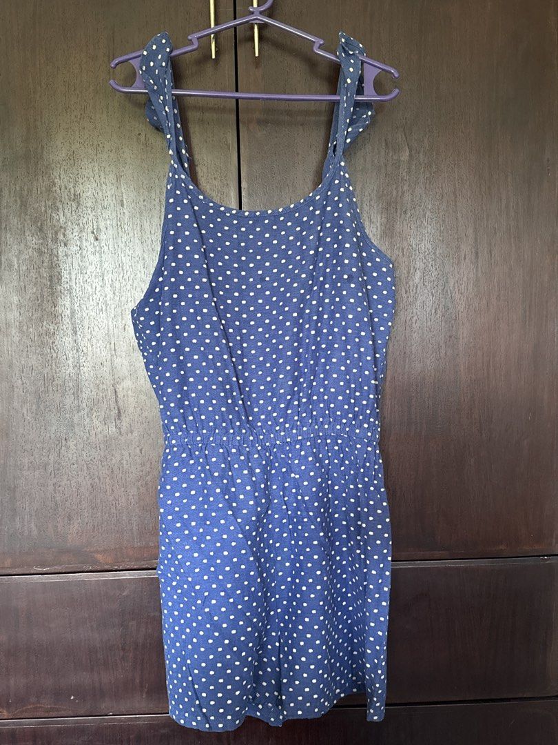 Old Navy Blue Polka Dot Romper XXL (Category: Rompers) located in Santo Tomas. Submitted by toughu (Listing ID 1468961674, Image 2). Description: - Blue romper with white polka dots - Cute ruffles on shoulder straps - Comfortable gathered elastic waist - Easy slip-on style for warm weather.