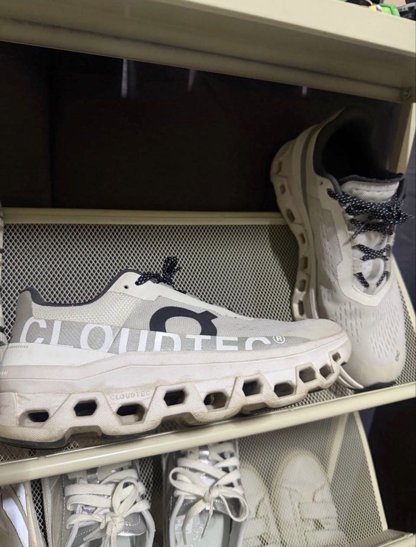On Cloudmonster White Black Running Shoes (Category: Sneakers) located in Manila. Submitted by frankietheresee (Listing ID 1468944640, Image 2). Description: - Model: On Cloudmonster - Colorway: White and Black - Sole: Chunky CloudTec with visible cushioning pockets for maximum comfort - Laces: Unique speckled black and white - Upper: Breathable mesh with strategic perforations - Branding: On logo printed on sides and toe area - Lining: Dark grey