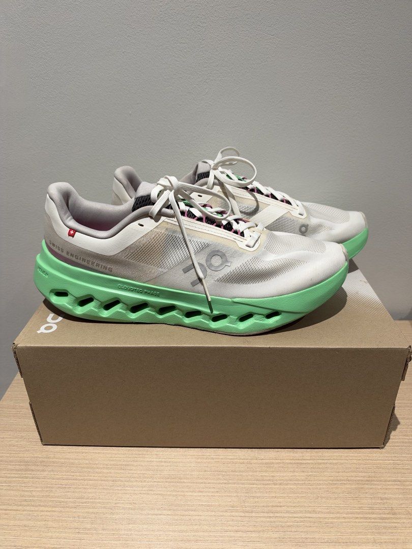 On Cloudsurfer Next (Category: Sneakers) located in Manila. Submitted by eldridge_ng (Listing ID 1468999419, Image 3). Description: - Brand: On - Model: Cloudsurfer Next - Colorway: wolf / Honeydew Green - Size: Men's US 10 / EU 44 / UK 9.5 - Cushioning: Swiss-engineered CloudTec Phase with Helion superfoam - Condition: lightly used - Inclusions: Original box included RFS: extra shoes may cloudtilt na ako Price : 4,800 (negotiable).