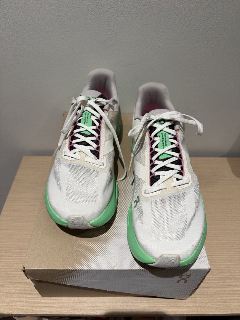 On Cloudsurfer Next (Category: Sneakers) located in Manila. Submitted by eldridge_ng (Listing ID 1468999419, Image 2). Description: - Brand: On - Model: Cloudsurfer Next - Colorway: wolf / Honeydew Green - Size: Men's US 10 / EU 44 / UK 9.5 - Cushioning: Swiss-engineered CloudTec Phase with Helion superfoam - Condition: lightly used - Inclusions: Original box included RFS: extra shoes may cloudtilt na ako Price : 4,800 (negotiable).
