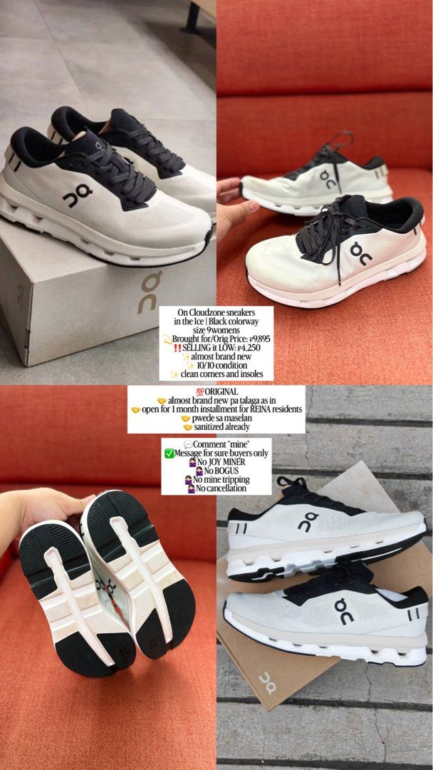On Cloudzone Sneakers Ice Black Size 9 Womens (Category: Sneakers) located in Real. Submitted by goodstealph (Listing ID 1468985222, Image 1). Description: - Item: On Cloudzone Sneakers - Colorway: Ice and Black - Size: Women's US 9 - Condition: 10/10 (Almost brand new, clean corners and insoles, fully sanitized) - Original Price: ₱9,895 - Selling Price: ₱4,250 - Special Promo: 1-month installment available exclusively for REINA residents - Polic