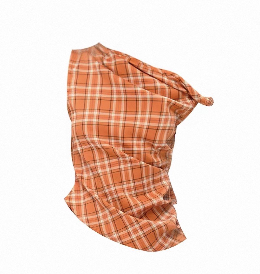 Orange Plaid One-Shoulder Asymmetrical Top (Category: Sleeveless) located in Taguig. Submitted by s_tl24 (Listing ID 1469048882, Image 2). Description: Never used Runs small Fits xs frames.