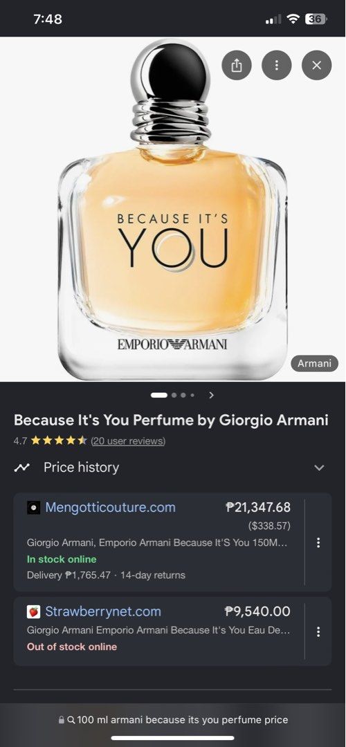 Original Giorgio Armani Because it’s you perfume (Category: Fragrance & Deodorants) located in Quezon City. Submitted by shindreicloset (Listing ID 1469089478, Image 3). Description: Original giorgio armani because it’s you 100 ml bottle see left content guaranteed original money back if fake very sophisticated ng scent hard to let go but need cash. see last pict for original retail price.