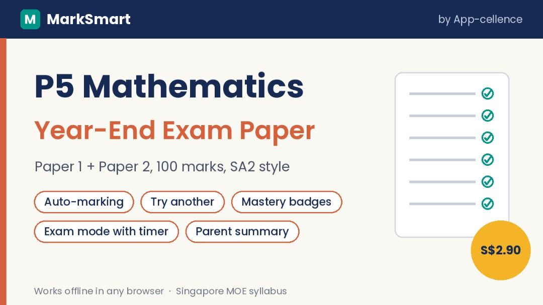 P5 Mathematics Year-End Exam Paper with Auto-Mark and Solutions (Category: Assessment Books) located in Singapore. Submitted by appcellence (Listing ID 1468633374, Image 1). Description: No need to meet. After you tap Buy and pay, both files are sent in this Carousell chat. P5 Maths Year-End Exam Paper: instant auto-marking + step-by-step solutions ($2.90) ✅ Interactive practice paper for phone, tablet or PC, plus a printable PDF ✅ Tap Mark to se