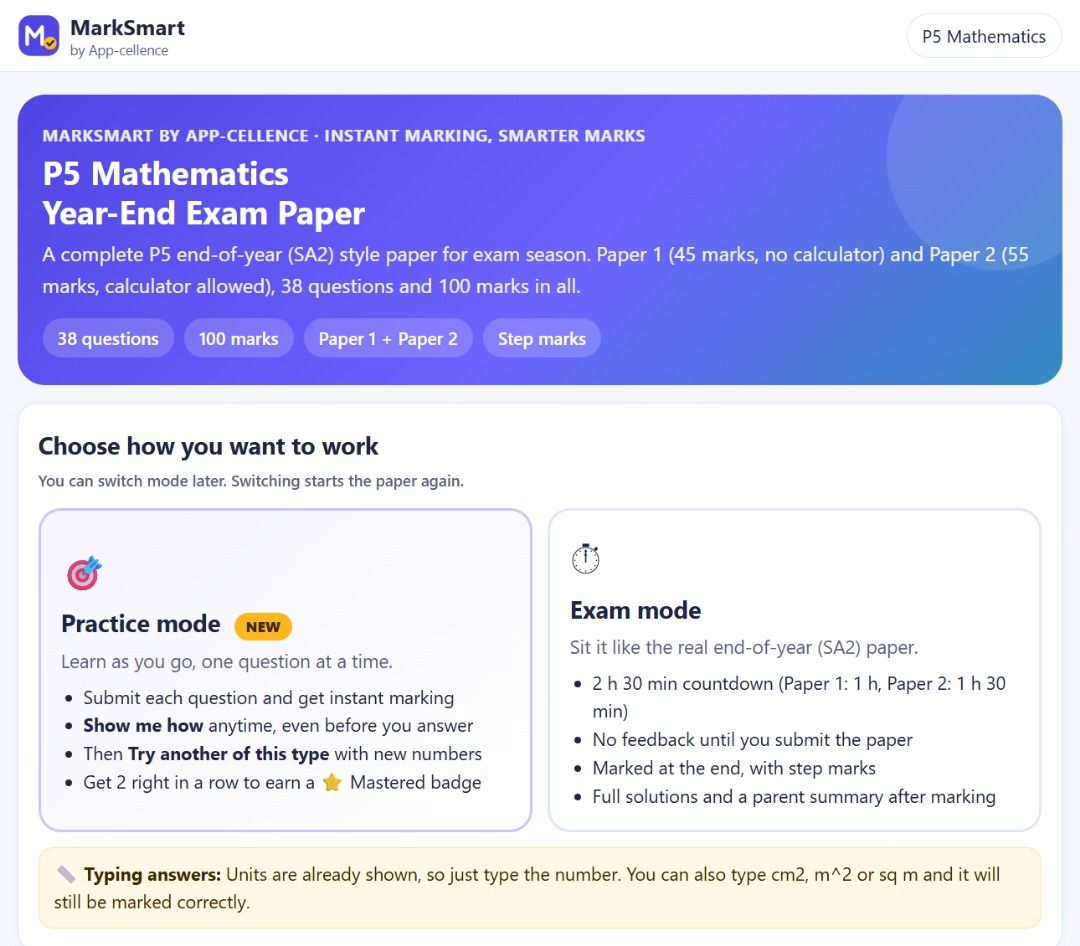 P5 Mathematics Year-End Exam Paper with Auto-Mark and Solutions (Category: Assessment Books) located in Singapore. Submitted by appcellence (Listing ID 1468633374, Image 2). Description: No need to meet. After you tap Buy and pay, both files are sent in this Carousell chat. P5 Maths Year-End Exam Paper: instant auto-marking + step-by-step solutions ($2.90) ✅ Interactive practice paper for phone, tablet or PC, plus a printable PDF ✅ Tap Mark to se