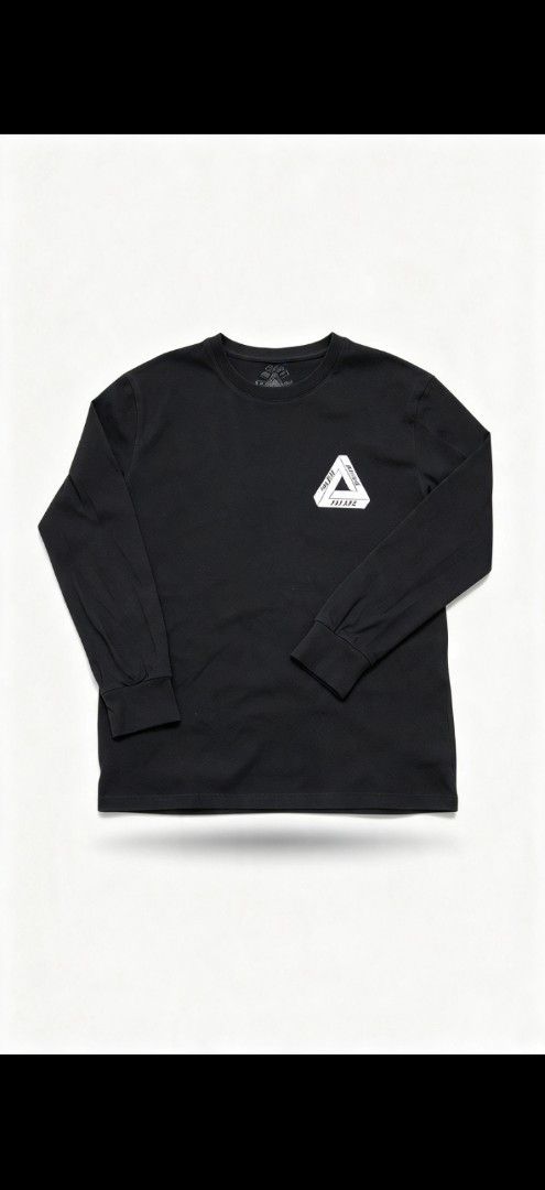 Palace Tri-Ferg Long Sleeve Black Tee (Category: Tshirts & Polo Shirts ) located in Manila. Submitted by vtg_finds30 (Listing ID 1469083905, Image 1). Description: - Brand: Palace Skateboards - Style: Black long sleeve tee with classic white Tri-Ferg logo (chest and back) - Size: Large - Material: 100% cotton, made in Mauritius - Condition: Interior neck stamp and branded wash tags intact - Details: Crew neck and ribbed cuffs.