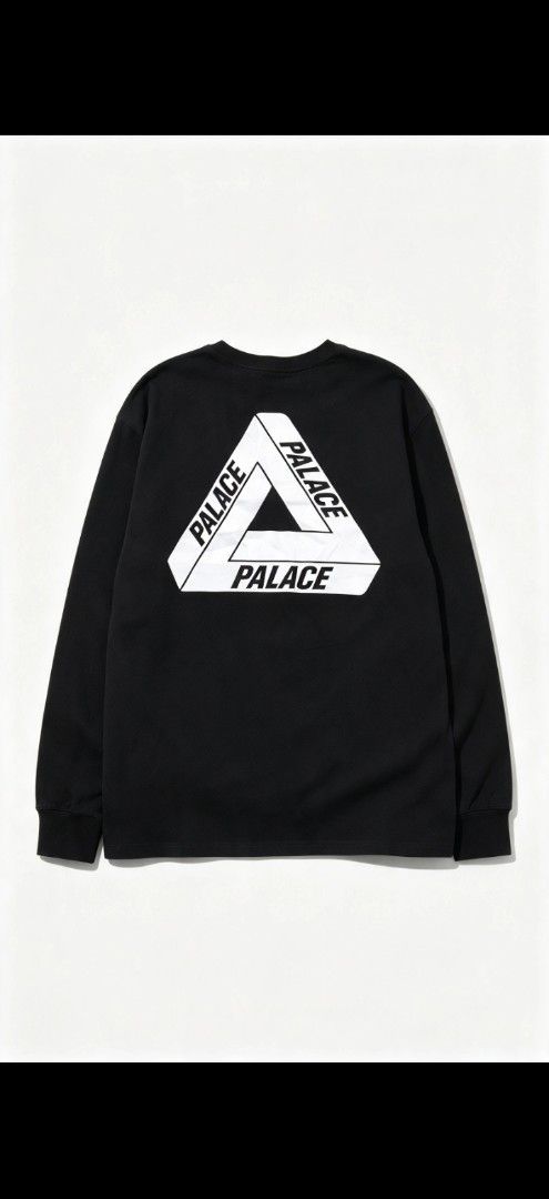 Palace Tri-Ferg Long Sleeve Black Tee (Category: Tshirts & Polo Shirts ) located in Manila. Submitted by vtg_finds30 (Listing ID 1469083905, Image 2). Description: - Brand: Palace Skateboards - Style: Black long sleeve tee with classic white Tri-Ferg logo (chest and back) - Size: Large - Material: 100% cotton, made in Mauritius - Condition: Interior neck stamp and branded wash tags intact - Details: Crew neck and ribbed cuffs.