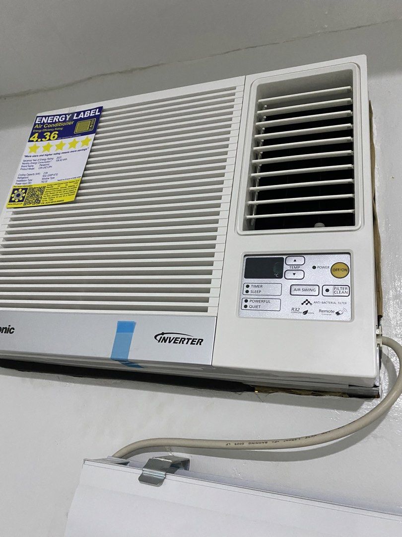Panasonic Inverter Window Type Air Conditioner CW-U921JPH (Category: Air Conditioning and Heating) located in Taguig. Submitted by maaarrrrrcky (Listing ID 1469005865, Image 1). Description: Panasonic inverter window type air conditioner, model CW-U921JPH. Energy efficiency rating 4.36 with five-star energy label from 2023. Cooling capacity 2.64 kW using R32 refrigerant. Power input 792.00 W. Digital display with timer, sleep, powerful, quiet, ai