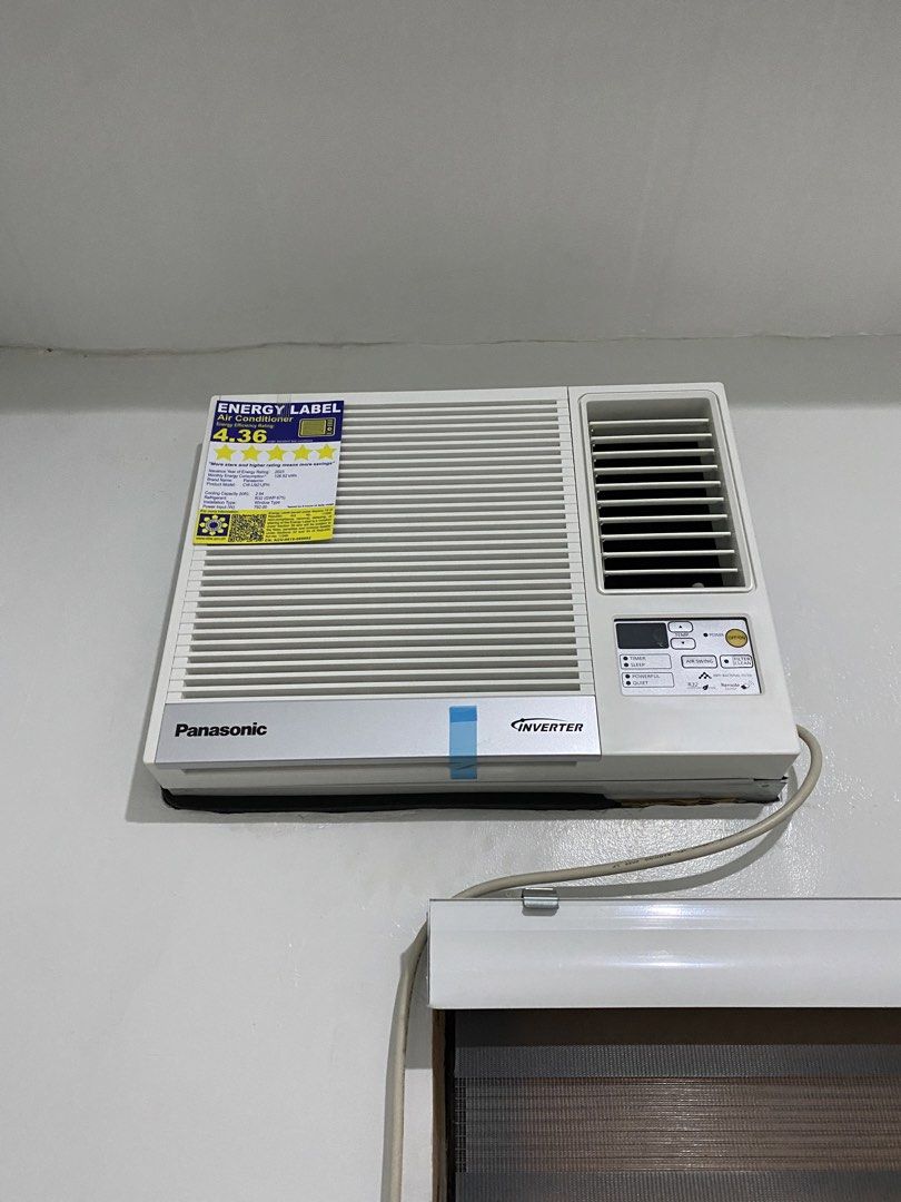 Panasonic Inverter Window Type Air Conditioner CW-U921JPH (Category: Air Conditioning and Heating) located in Taguig. Submitted by maaarrrrrcky (Listing ID 1469005865, Image 2). Description: Panasonic inverter window type air conditioner, model CW-U921JPH. Energy efficiency rating 4.36 with five-star energy label from 2023. Cooling capacity 2.64 kW using R32 refrigerant. Power input 792.00 W. Digital display with timer, sleep, powerful, quiet, ai