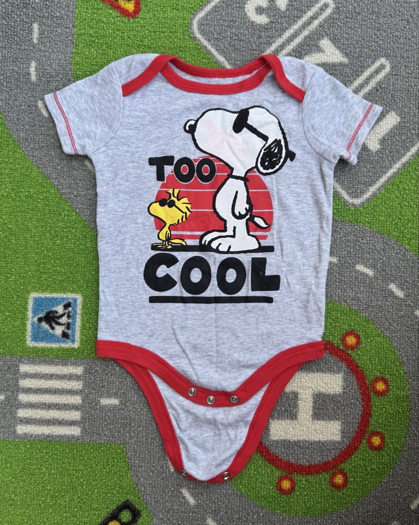 Peanuts Snoopy Bodysuit Onesie (Category: Babies & Kids Fashion) located in Rizal. Submitted by preloovved (Listing ID 1469061767, Image 1). Description: Super cute grey Snoopy & Woodstock bodysuit for babies! Features red trim, 'TOO COOL' text, and easy-change bottom snaps. Made from a soft, comfortable cotton blend for everyday wear. Preloved, 6-9mos Meet-up only in GB1 San Mateo, Rizal Shipping fee c/o buyer. Tres Marias or J&T express Payment