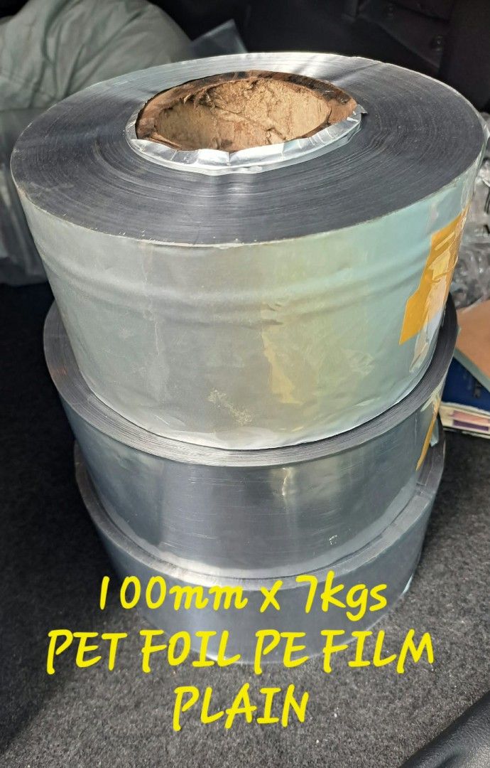 PET Foil PE Film Rolls Assorted Sizes (Category: Craft Supplies & Tools) located in Manila. Submitted by ebradaargi81947 (Listing ID 1468974847, Image 1). Description: - High-quality bulk rolls of PET foil and PE film available - Types: Plain and VMPET film - Spec 1: 100mm width at 7kg - Spec 2: 140mm width at 10kg (70 microns) - Spec 3: 150mm width at 10kg (70 microns) - Stored cleanly in vehicle boot and ready for pickup.