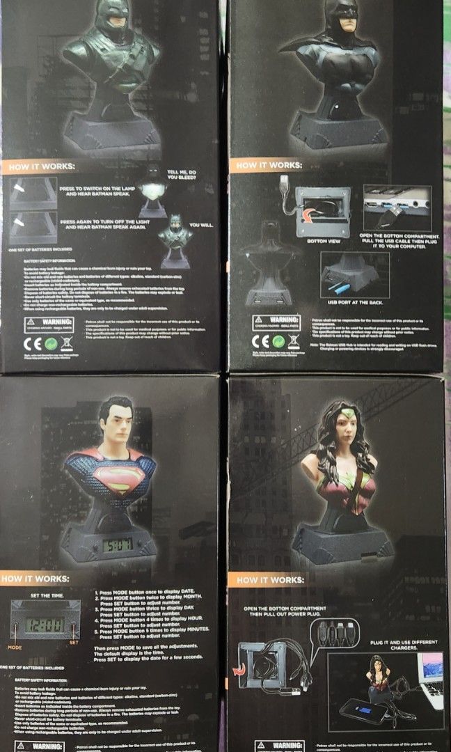 Petron Batman vs Superman (Category: Figurines & Statues) located in Marikina City. Submitted by zetalica (Listing ID 1447828033, Image 2). Description: - Set of 4 uopened Batman Vs. Superman Headbust collectible figures - Superman Digital Clock - Wonder Woman multi-charger -Batman USB Hub -Armored Batman Lamp *Selling as set for only P2,000.00 (Slightly Neg)* I'll include this Superman, Batman & Flash figures for free Kindly contact or PM me her