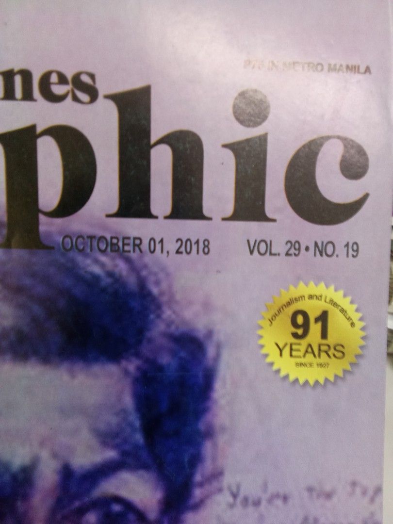 Philippines Graphic Magazine October 01 2018 Nick Joaquin (Category: Magazines) located in Pasig City. Submitted by teebeedeee (Listing ID 1468989247, Image 2). Description: - Publication: Philippine Graphic Magazine - Issue Date: October 1, 2018 (Volume 29, Number 19) - Cover Story: Nick Joaquin and the Madness of Hope - Content: Interior pages feature articles, photographs, and essays on Philippine literature, culture, and history - Condition: 