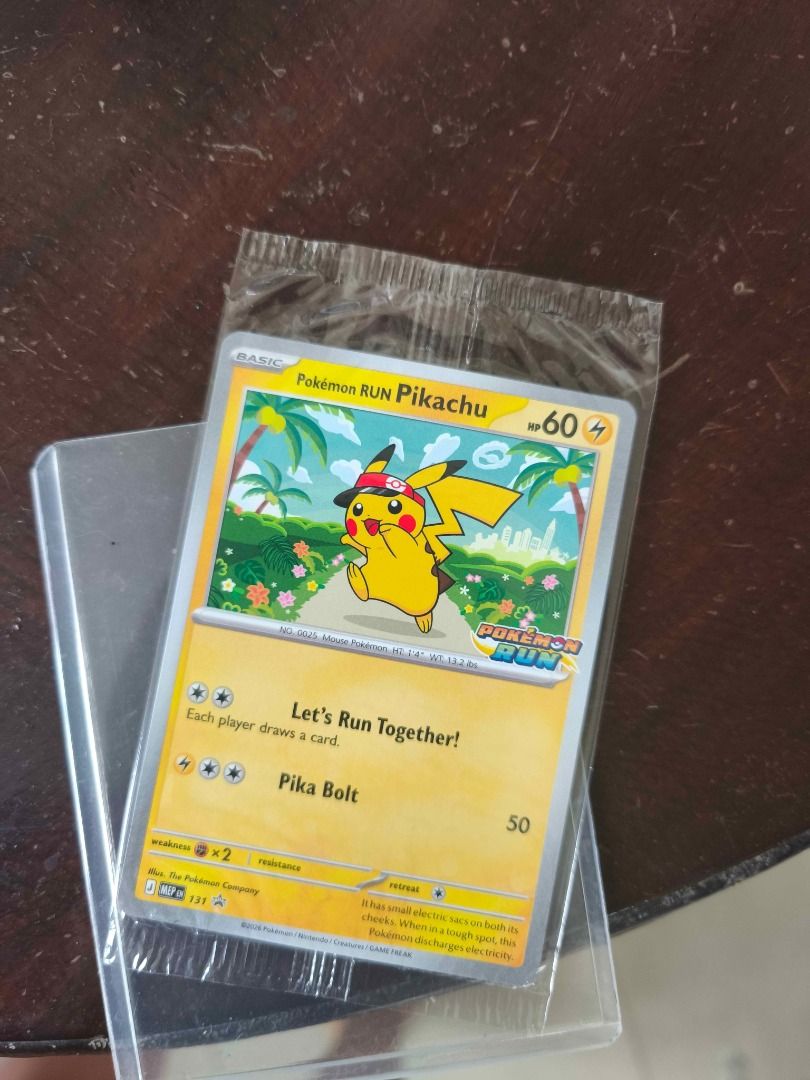 Pikachu (Category: Raw Singles) located in Binan City. Submitted by wonwona_holla (Listing ID 1468957992, Image 2). Description: Pokémon Run Pikachu promotional card - Still sealed with toploader Loc: Biñan City, Laguna MOP: GCash Shipping shouldered by the buyer.