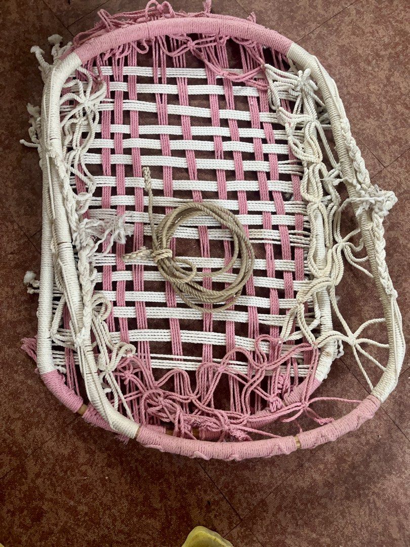 Pink and White Swing/Duyan (Category: Cots & Cribs) located in Las Pinas. Submitted by freeowl_eb0f7b (Listing ID 1468942574, Image 2). Description: - Color: pink and white - Design: Sturdy woven base with intricate knotted rope details Preloved.