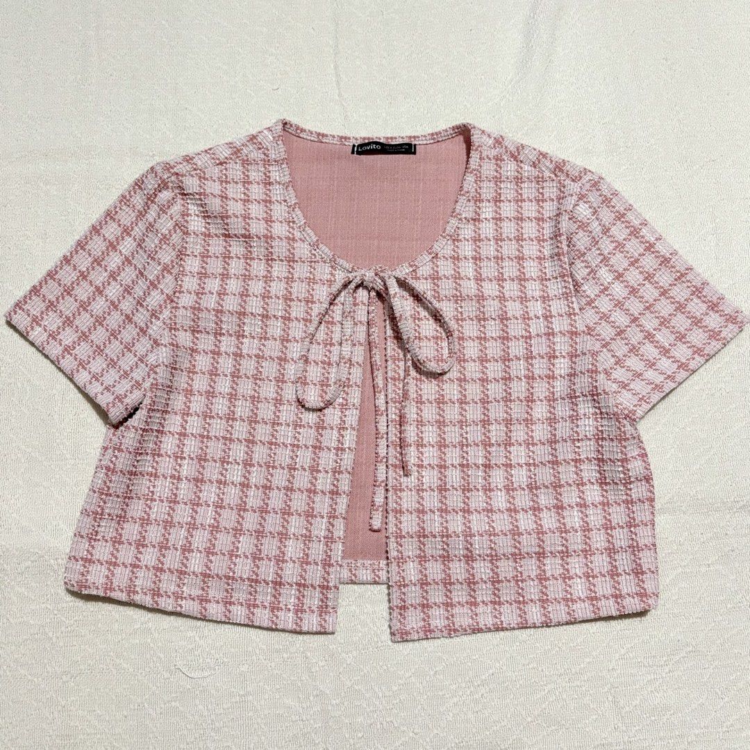 Pink Blouse Textured Plaid Lace Up (Category: Blouses) located in Bulacan. Submitted by luvjww (Listing ID 1469122445, Image 2). Description: - Brand: Lovito - Material: Textured tweed-like fabric with solid pink inner lining - Size: M - Never been used .