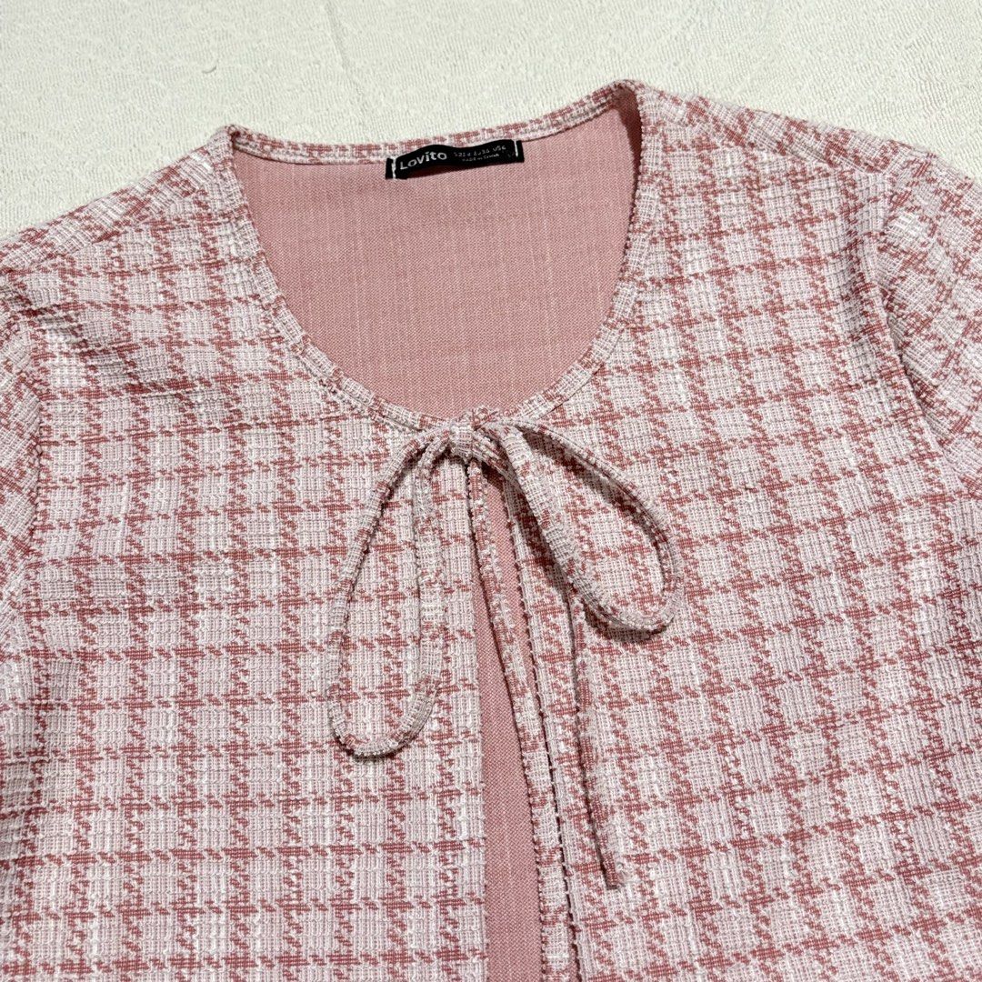 Pink Blouse Textured Plaid Lace Up (Category: Blouses) located in Bulacan. Submitted by luvjww (Listing ID 1469122445, Image 3). Description: - Brand: Lovito - Material: Textured tweed-like fabric with solid pink inner lining - Size: M - Never been used .