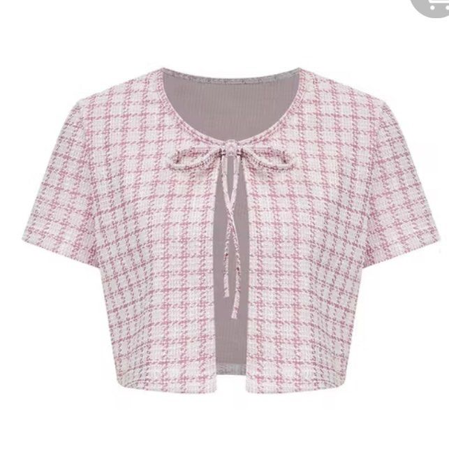 Pink Blouse Textured Plaid Lace Up (Category: Blouses) located in Bulacan. Submitted by luvjww (Listing ID 1469122445, Image 1). Description: - Brand: Lovito - Material: Textured tweed-like fabric with solid pink inner lining - Size: M - Never been used .
