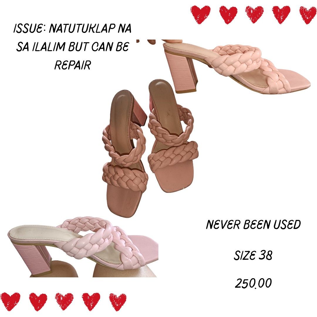 Pink Braided Block Heel Sandals (Category: Heels) located in Manila. Submitted by lorrrsz (Listing ID 1469109382, Image 3). Description: - Style: Pink braided strap heels with chunky block heels - Size: 38 - Condition: Brand new, never been used - Flaw: Minor peeling on the underside/sole, but entirely repairable - Note: Super cute sandals waiting for a new home!.