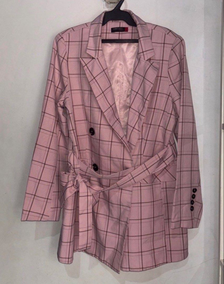 Pink Plaid Double-Breasted Blazer with Belt (Category: Coats, Jackets and Outerwear) located in General Trias. Submitted by r_bimil (Listing ID 1469158019, Image 1). Description: Pink Plaid Double-Breasted Blazer with Belt for sale!.