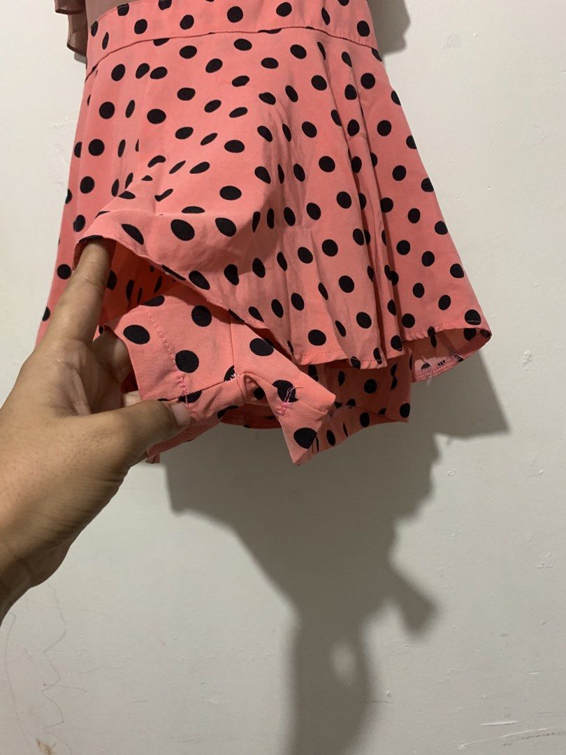 Pink Polka Dot Romper with Dusty Rose Top (Category: Rompers) located in Manila. Submitted by mixwearclosetclothingstore (Listing ID 1468955237, Image 3). Description: - Style: Two-tone sleeveless romper with skirt overlay - Top: Dusty rose - Bottoms: Pink polka dot shorts built-in for extra comfort and coverage - Closure: Convenient side zipper - Condition: Great for casual warm-weather outings - Shipping or meet-up options available via Carouse