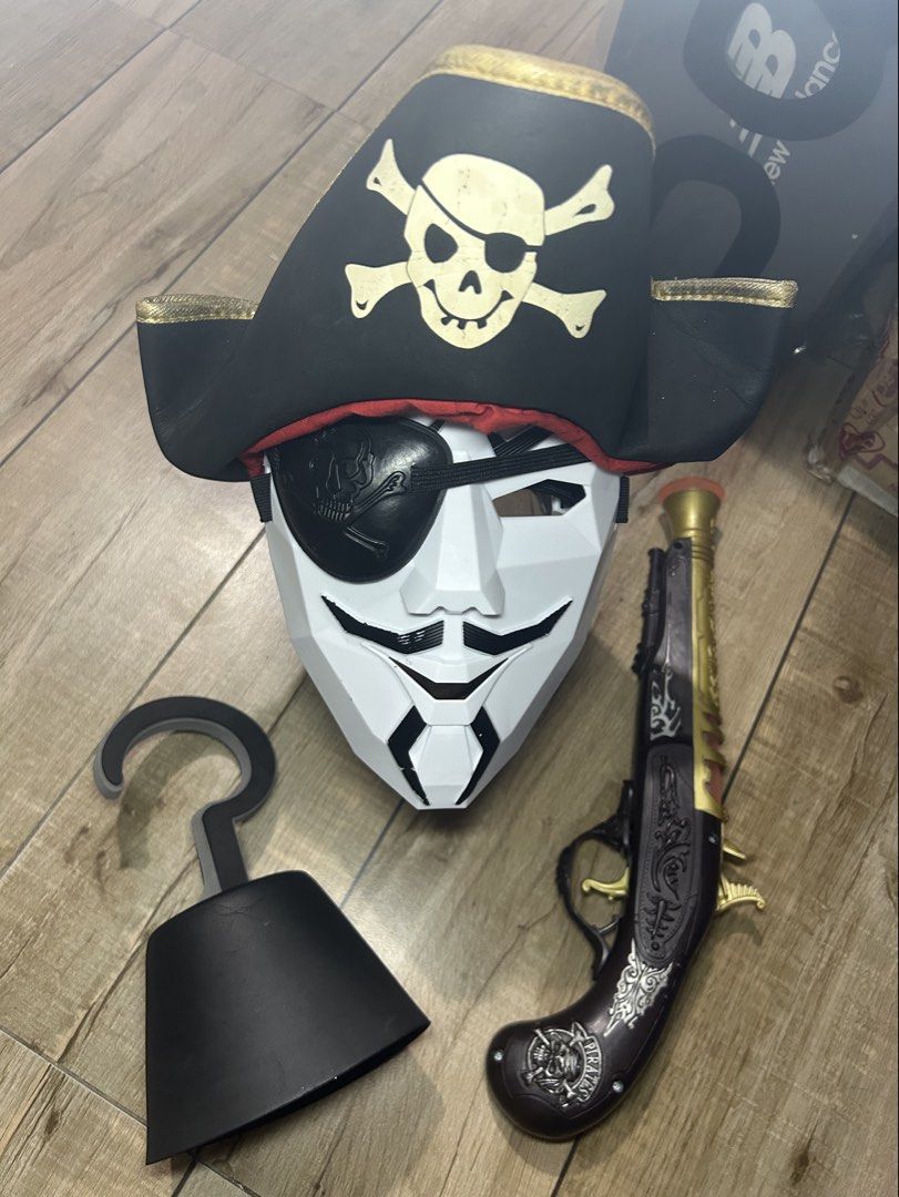 Pirate Costume Accessories Set Hat Gun Hook Eyepatch (Category: Caps & Hats) located in Paranaque City. Submitted by zac.sei (Listing ID 1469010022, Image 2). Description: - Complete pirate costume set, perfect for Halloween, parties, and themed birthdays - Includes tricorn hat with gold trim and skull emblem - Comes with a detailed toy flintlock pistol - Features a classic plastic hook hand and skull eye patch - Made of lightweight fabric and pl