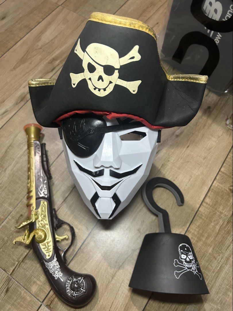 Pirate Costume Accessories Set Hat Gun Hook Eyepatch (Category: Caps & Hats) located in Paranaque City. Submitted by zac.sei (Listing ID 1469010022, Image 1). Description: - Complete pirate costume set, perfect for Halloween, parties, and themed birthdays - Includes tricorn hat with gold trim and skull emblem - Comes with a detailed toy flintlock pistol - Features a classic plastic hook hand and skull eye patch - Made of lightweight fabric and pl