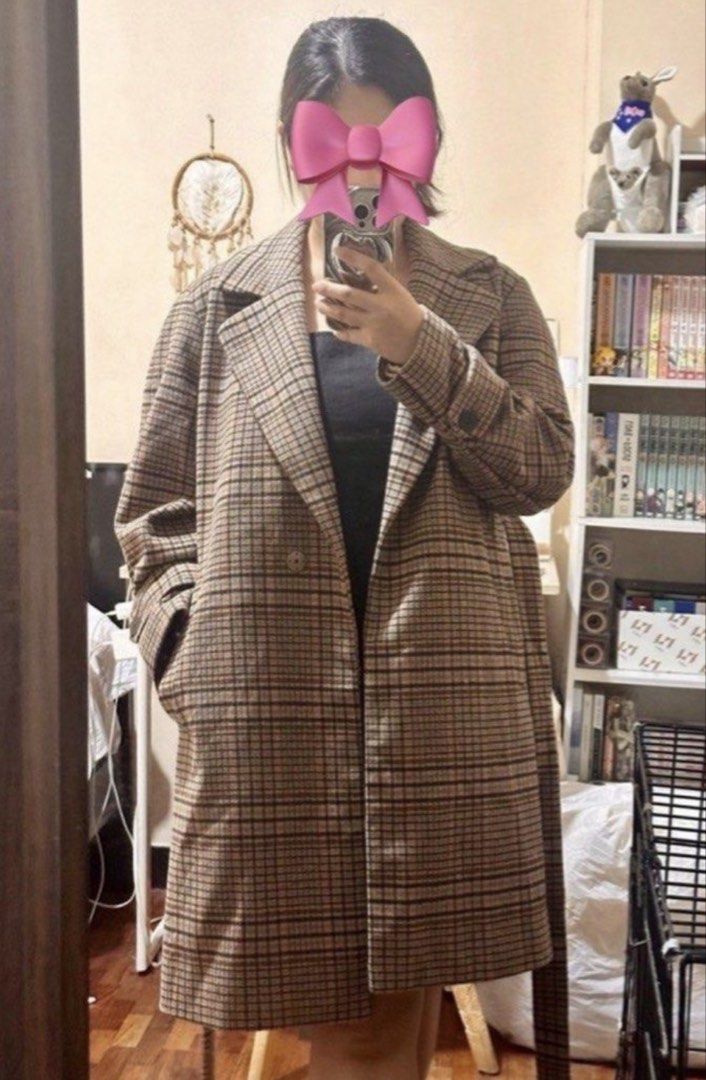 Plaid Brown Wool Autumn Coat (Category: Coats, Jackets and Outerwear) located in Manila. Submitted by eltums (Listing ID 1468994737, Image 1). Description: - Brand: Visit In New York - Design: Brown and black plaid wool coat - Features: Classic lapel collar, long sleeves, two front pockets - Details: Includes a matching tie belt to cinch the waist - Lining: Fully lined with smooth brown satin fabric Fits M-L.