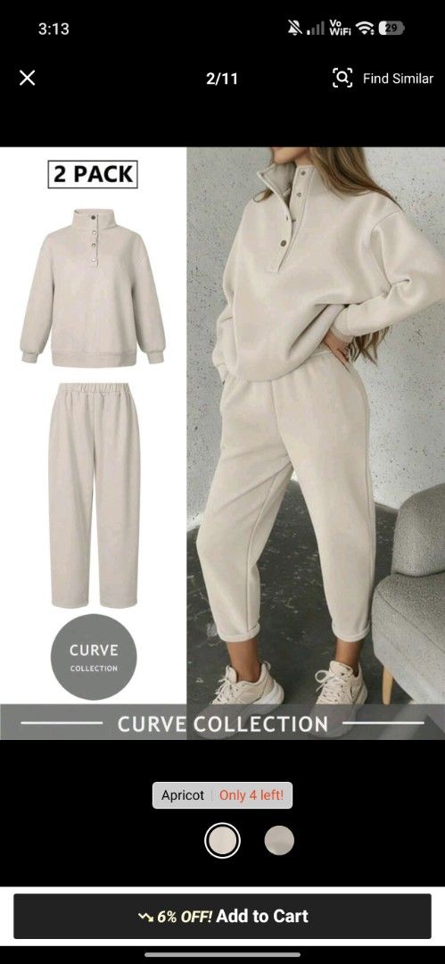 Plus Size Loungewear Set Beige 2 Pieces Sweatsuit (Category: Sets or Coordinates) located in Antipolo. Submitted by jarazote (Listing ID 1468995716, Image 1). Description: - Brand: Shein Curve - Size: Plus Size - Color: Beige - Set includes: Half-zip mock neck sweatshirt and matching high-waisted elastic waist joggers - Material: Cozy, comfortable fleece - Condition: Worn once, freshly washed and clean - Perfect for: Travel, airport outfit, or ca