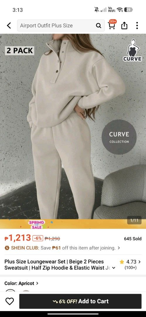 Plus Size Loungewear Set Beige 2 Pieces Sweatsuit (Category: Sets or Coordinates) located in Antipolo. Submitted by jarazote (Listing ID 1468995716, Image 2). Description: - Brand: Shein Curve - Size: Plus Size - Color: Beige - Set includes: Half-zip mock neck sweatshirt and matching high-waisted elastic waist joggers - Material: Cozy, comfortable fleece - Condition: Worn once, freshly washed and clean - Perfect for: Travel, airport outfit, or ca