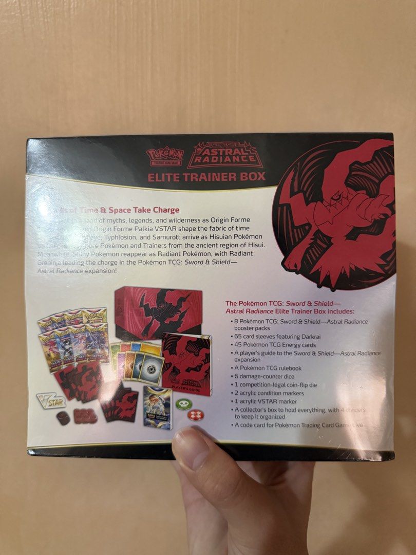 Pokemon Astral Radiance ETB (Category: Card Boxes & Cases) located in Quezon City. Submitted by epic.pokemonseller (Listing ID 1468971342, Image 3). Description: - 8 Pokémon TCG: Astral Radiance booster packs - 65 card sleeves featuring Darkrai - 45 Pokémon TCG Energy cards - A player’s guide to the Astral Radiance expansion - 6 damage-counter dice & 1 competition-legal coin-flip die - 2 acrylic condition markers - A collector’s box to hold every