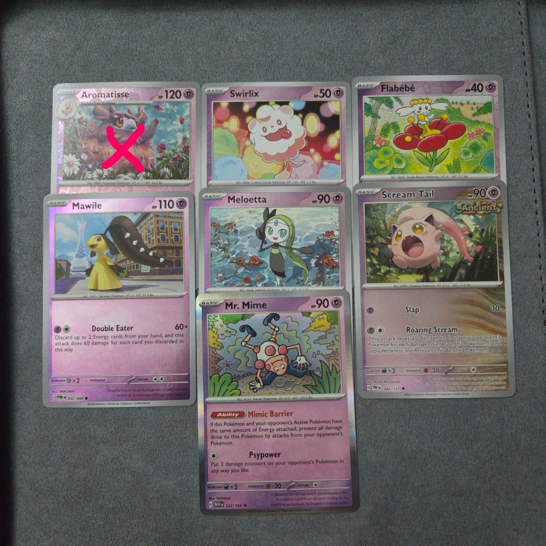 Pokemon Cutemon Psychic (Category: Raw Singles) located in Taguig. Submitted by aeri______99 (Listing ID 1468874155, Image 1). Description: ⋆ 15 php each ⋆ These are well taken care of 🩷 bulk from my personal rips ⋆ No packaging fee. I'll ship with reused sleeves, toploaders, and box. ⋆ Mr. Mime is holo ⋆ The rest are reverse holo sold: aromatisse ♡ tags ♡ psychic type cute pokemon collectibles tcg snom seel dewgong vanillite N's vanillish piplu