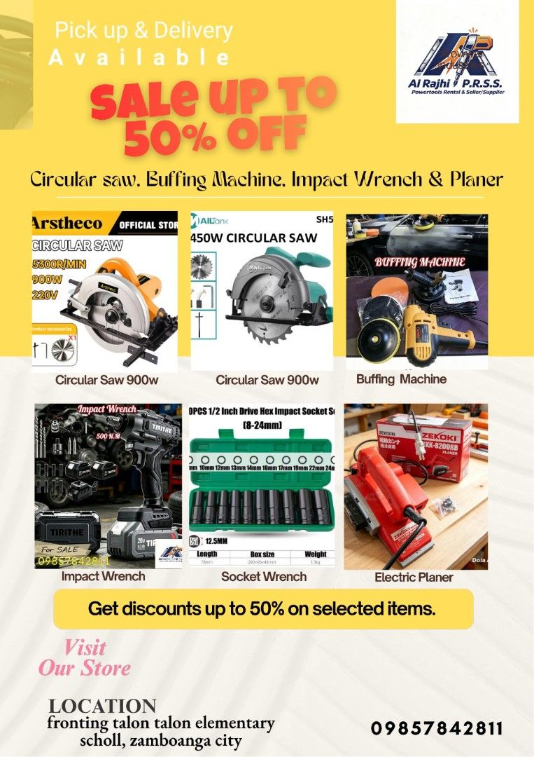 Power tools for Sale (Category: Construction Tools & Equipment) located in Zamboanga. Submitted by brightstar.c4a10e (Listing ID 1469159557, Image 3). Description: for Sale : power tools Zamboanga city / 09857842811 ✅rotary hammer chipping gun ✅impact drill ✅impact wrench ✅electric drill ✅cordless drill ✅buffing machine ✅welding machine ✅grinder ✅electric planer ✅PPR fusion machine ✅heat gun ✅electric concrete vibrator ✅air compressor hose ✅set S