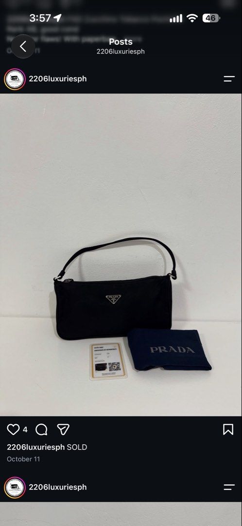 Prada Black Nylon Mini Shoulder Bag (Category: Luxury Bags & Wallets) located in Manila. Submitted by queens_closet_ph (Listing ID 1469003966, Image 1). Description: - Authentic vintage Prada shoulder bag in classic black nylon - Features the iconic triangular metal logo on the front - Secure top zipper closure with a comfortable black strap - Timeless design that easily pairs with any outfit - Includes original blue dust bag and certificate card