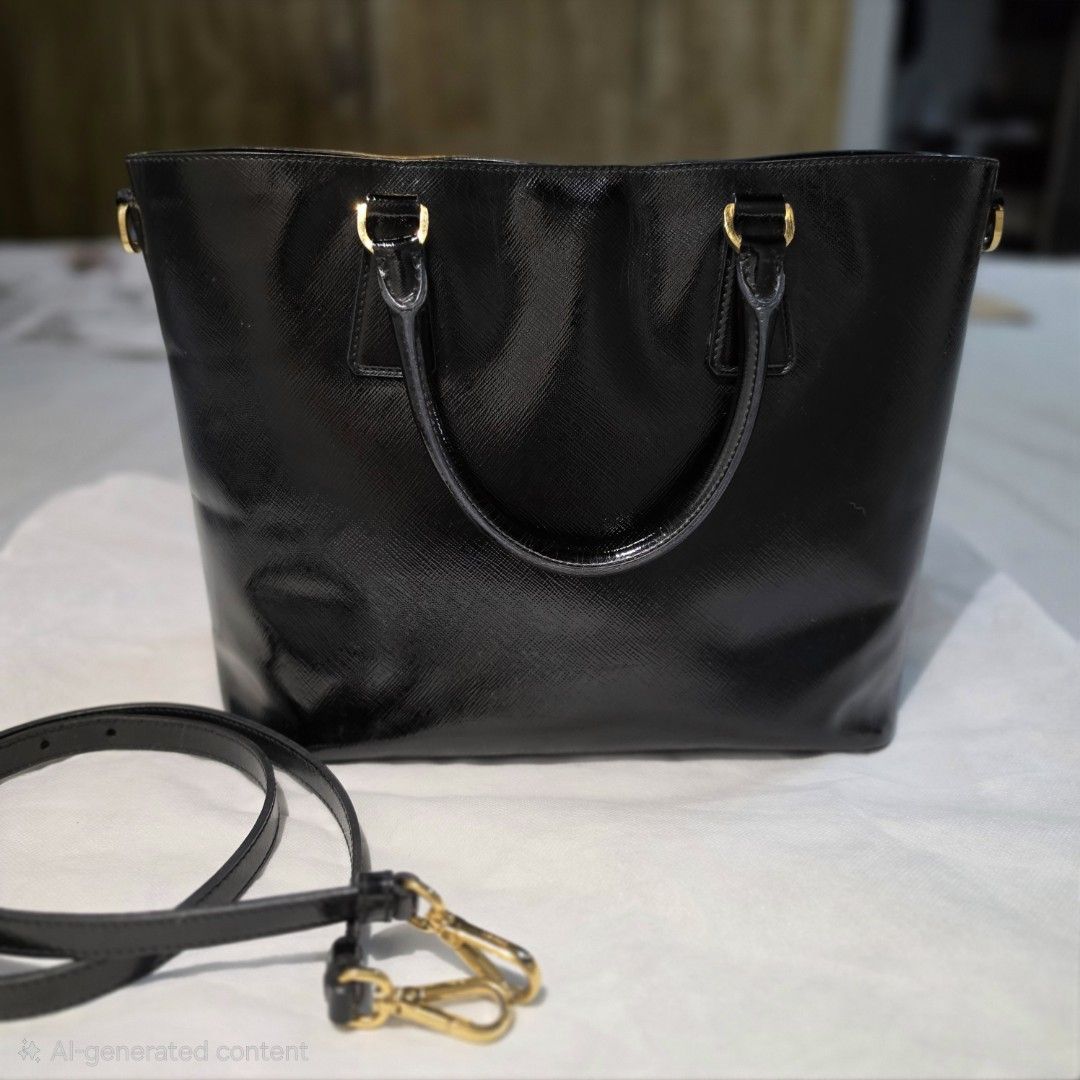 Prada Saffiano Vernice Tote Bag (Category: Luxury Bags & Wallets) located in Paranaque City. Submitted by decluttering_by_anna (Listing ID 1469088091, Image 2). Description: - Authentic Prada tote bag in classic black Saffiano leather - Elegant gold-tone hardware and iconic Prada triangle logo plaque - Dual top handles plus a convenient detachable shoulder strap - Protective metal feet on the bottom base to prevent scuffs - Clean, spacious interi